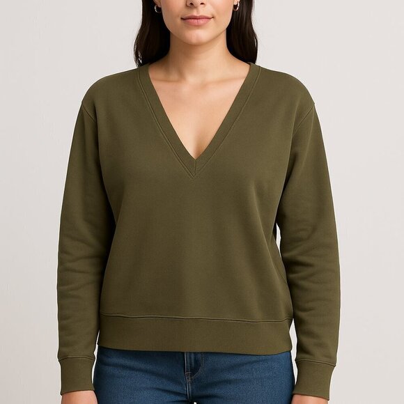 Thakoon Tops - Thakoon Deep Olive V-Neck Cotton Sweatshirt Size Small NWT